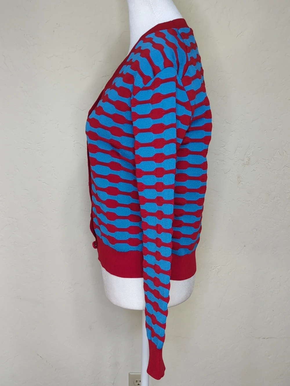LIKE NEW Tory Burch Red & Blue Bubble Stripe Long Sleeve Cardigan Size XS